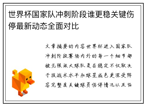 世界杯国家队冲刺阶段谁更稳关键伤停最新动态全面对比 世界杯国家队冲刺阶段谁更稳关键伤停最新动态全面对比