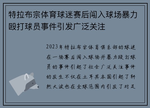 特拉布宗体育球迷赛后闯入球场暴力殴打球员事件引发广泛关注 特拉布宗体育球迷赛后闯入球场暴力殴打球员事件引发广泛关注